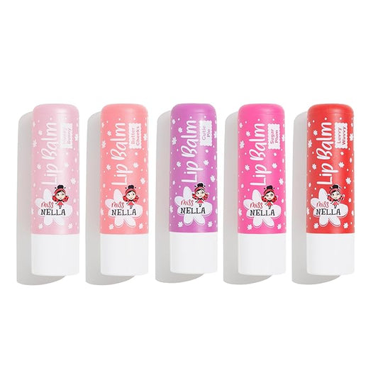 Miss Nella set of 5 Hypoallergenic children Lip Balms- HONEY BUNNY, SWEET CHEEKS & CUTIE PIE, Luvvu Wuvvy, Sugar Plum, Non Toxic Make Up for kids, perfect for those with sensitive skin.