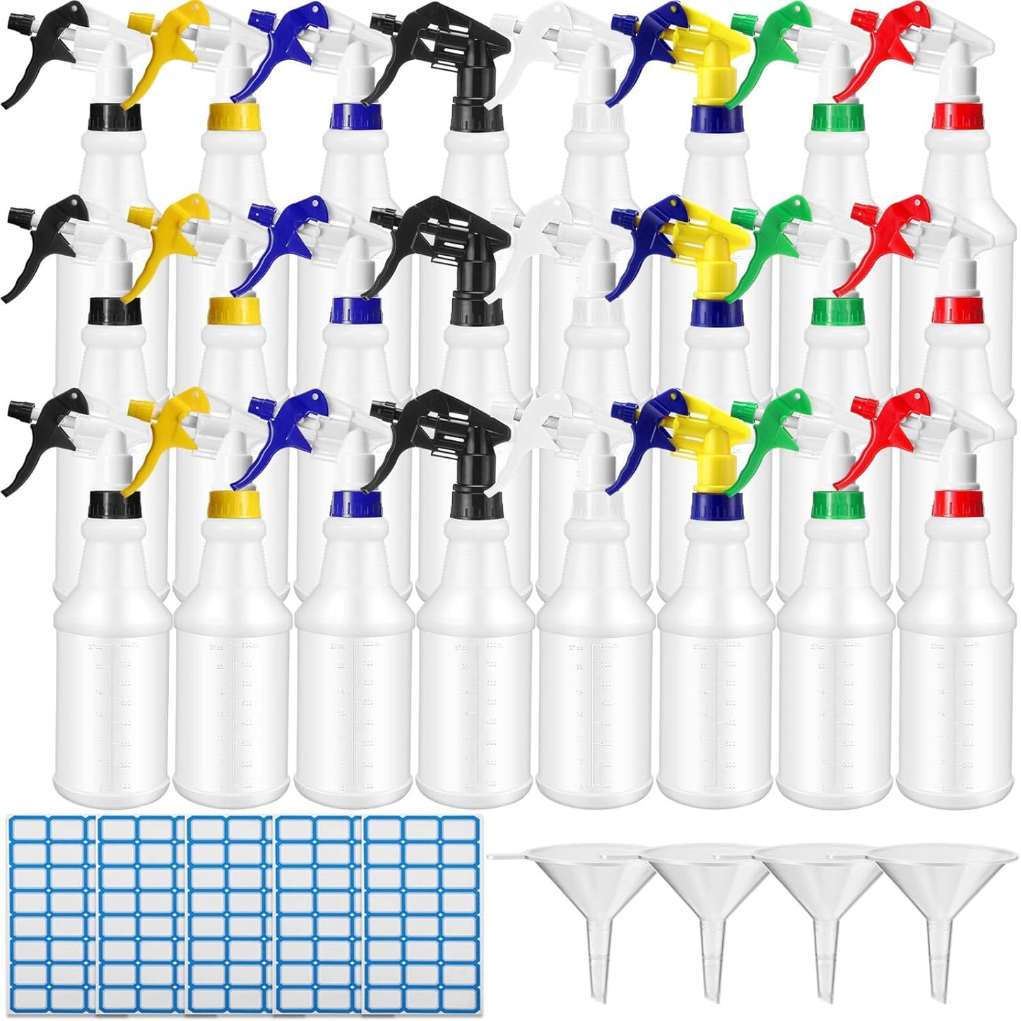 Zubebe 24 Pack 32 oz Plastic Spray Bottle Bulk Empty Leakproof Heavy Duty Spray Bottles for Cleaning Supplies Mist Bottles with Label and Adjustable Nozzle for Plant(Multicolor C,Clear Scale)