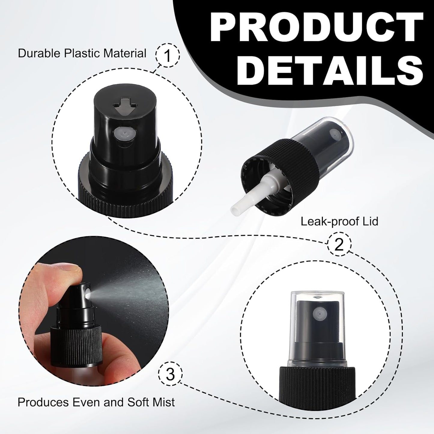 Fine Mist Spray Top, Spray Bottle Top Nozzle Sprayer Reusable Replacement for 24 Caliber Bottles Pump - Fitting For(Essential Oil Bottles/Perfumes/Cleaning Solution) 8 Pcs & Black