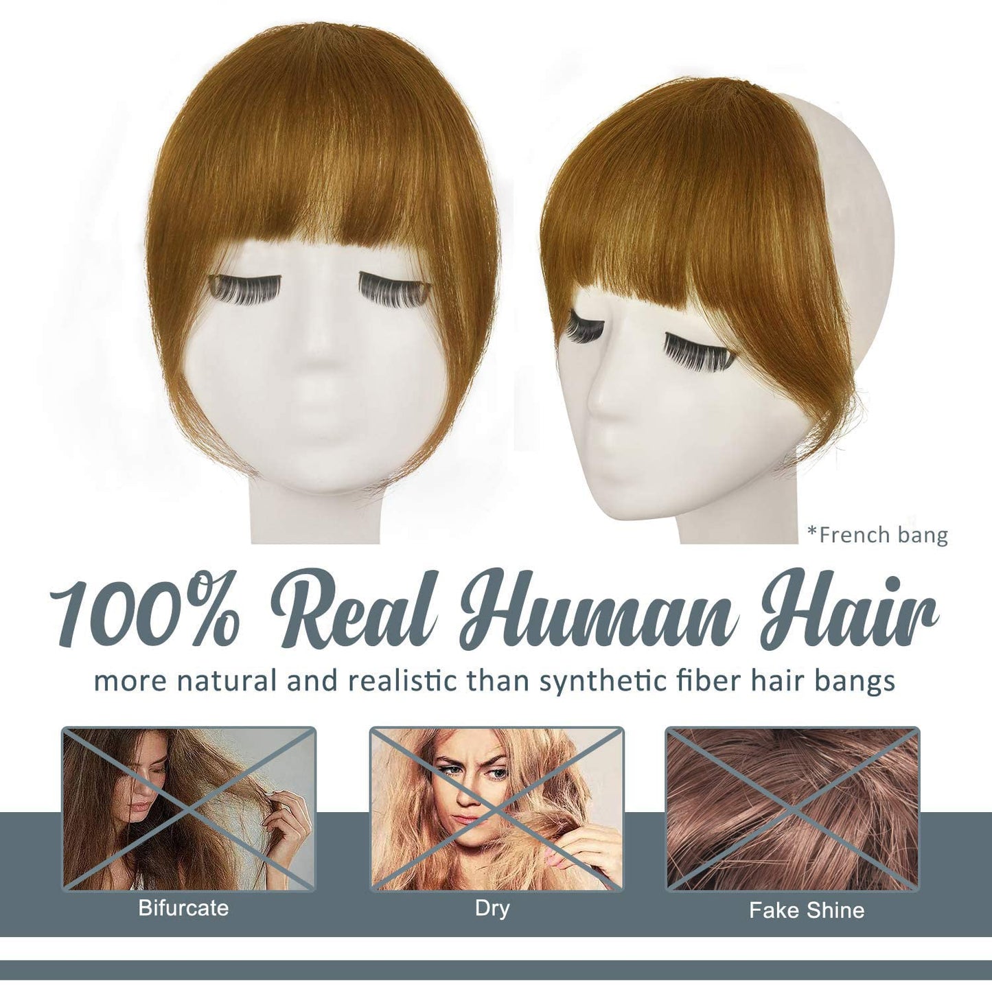 BARSDAR Human Hair Clip in Bangs - Real Human Hair Clip in Bangs for Women - Ginger Blonde French Bangs Extensions Fringe with Temples Real Hair Bangs Hairpieces - Golden Ginger Blonde