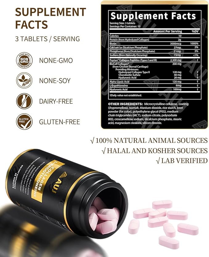 AUJ Multi-Active Collagen, 2300mg Peptan® Bovine Collagen Peptides Type I, II, III,3000mg Biotin, Ergothioneine (ET), Alpha Lipoic Acid, Nails Beauty Complex, for Women & Men, 45 Capsules