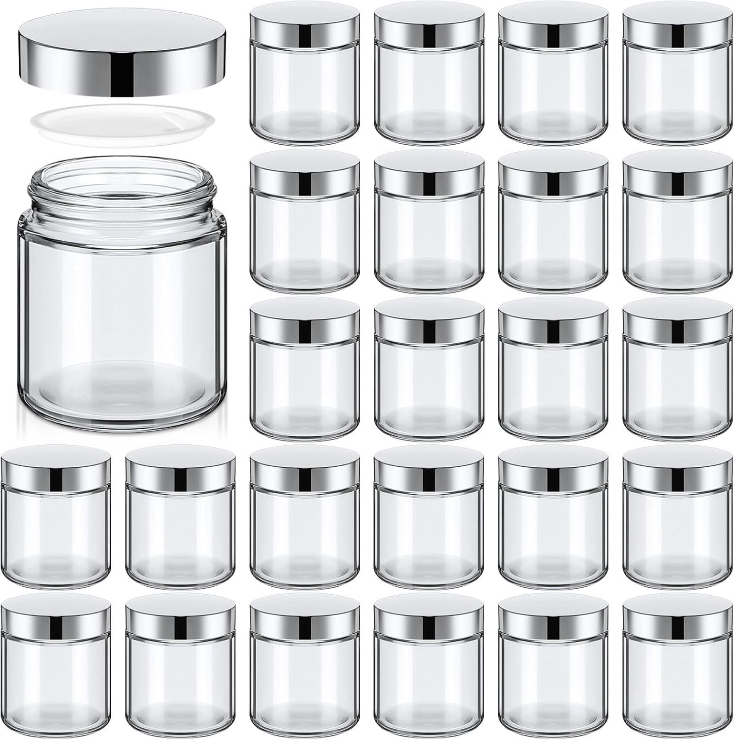 Norme 24 Pcs 4 oz Glass Jars with Lids Leakproof Round Airtight Empty Cosmetic Jars with Inner Liners Lid for Storing Lotions Powder Ointments Candle Making Tins (Silver,Clear)