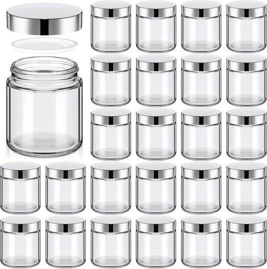 Norme 24 Pcs 4 oz Glass Jars with Lids Leakproof Round Airtight Empty Cosmetic Jars with Inner Liners Lid for Storing Lotions Powder Ointments Candle Making Tins (Silver,Clear)