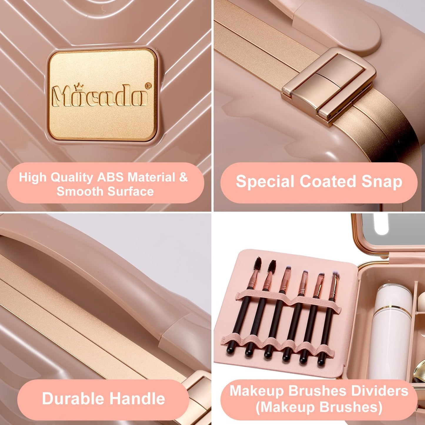 Mocado Travel Makeup Case with Lighted Mirror, 8 Makeup Brushes & 10x Magnifying Mirror, Adjustable Brightness Train Case (Pink)