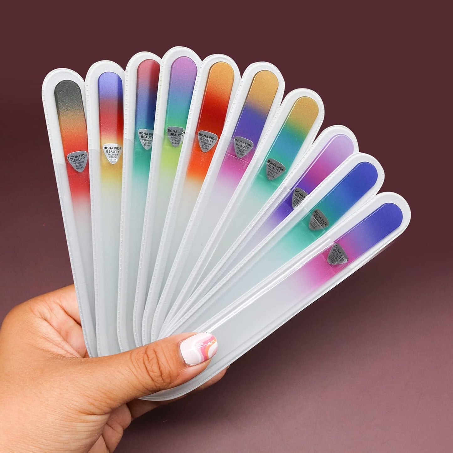 Bona Fide Beauty Czech Glass Nail Files Set - 10-Piece Crystal Nail Files Set in Sleeves, Bulk Nail Files from The EU (Multicolor)