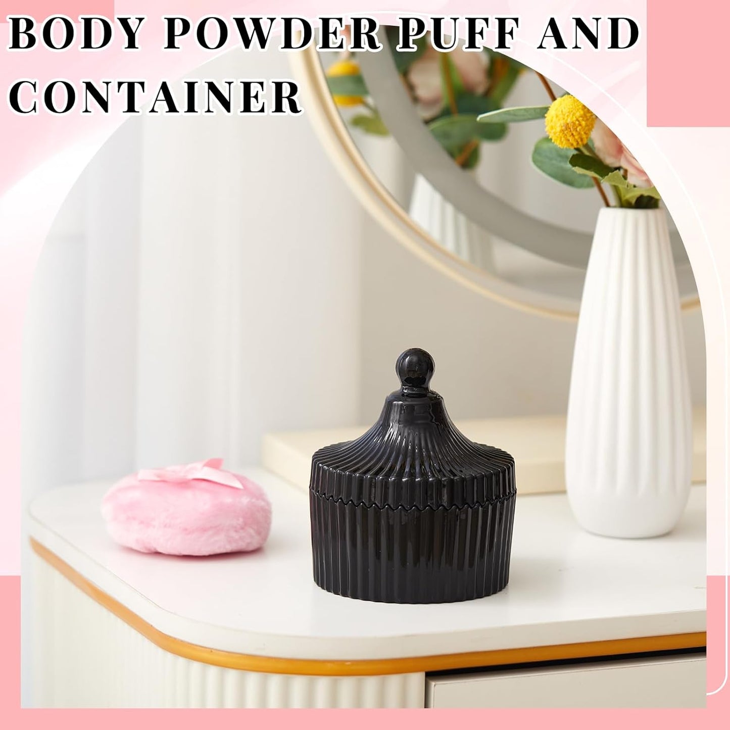 Tioncy 3 Pcs Large Body Powder Puff and Container Crystal Container Soft Washable Reusable Velour Face Body Glitter Powder Puff Wet Dry Makeup Simple Style (Black)