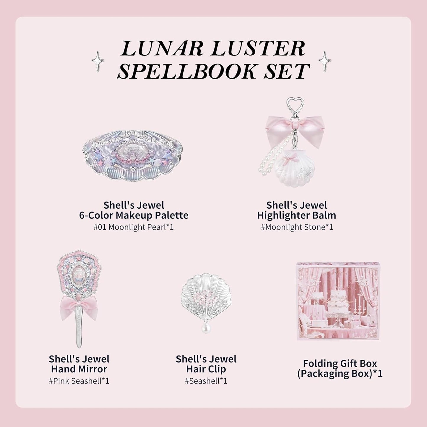 Flower Knows Shell’s Jewel 5-Piece Makeup Gift Box Set-Lunar Luster Spellbook, Eyeshadow Palette+Highlighter Balm+Hand Mirror+Hair Clip+Folding Gift Box(03 Lunar Luster Spellbook Set)