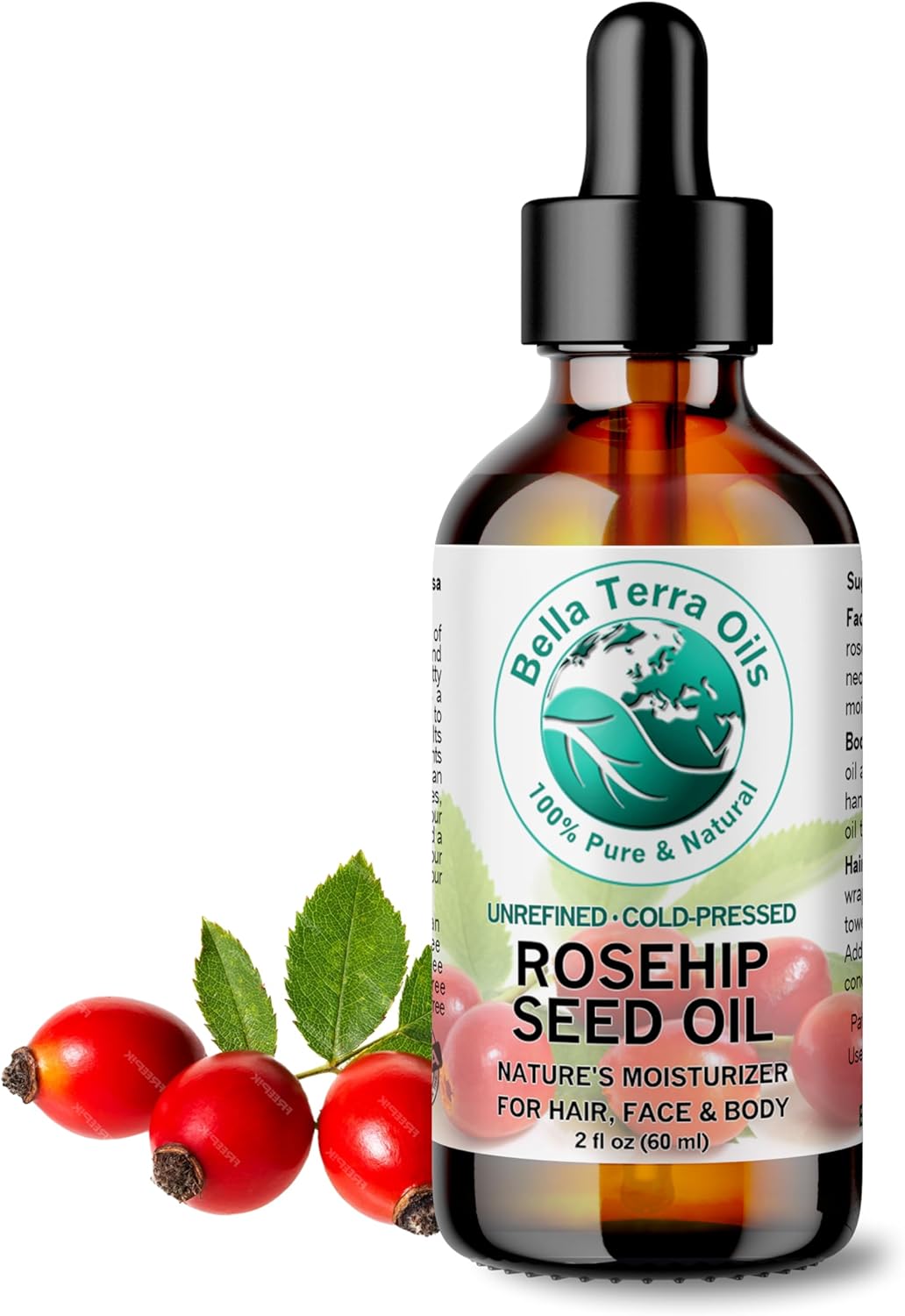 Bella Terra Oils - Organic Rosehip Seed Oil 2 oz - Cold-Pressed Elixir, Rich in Vitamin A, C, & E, Linoleic & Alpha-Linolenic Acid, Perfect Facial Emollient