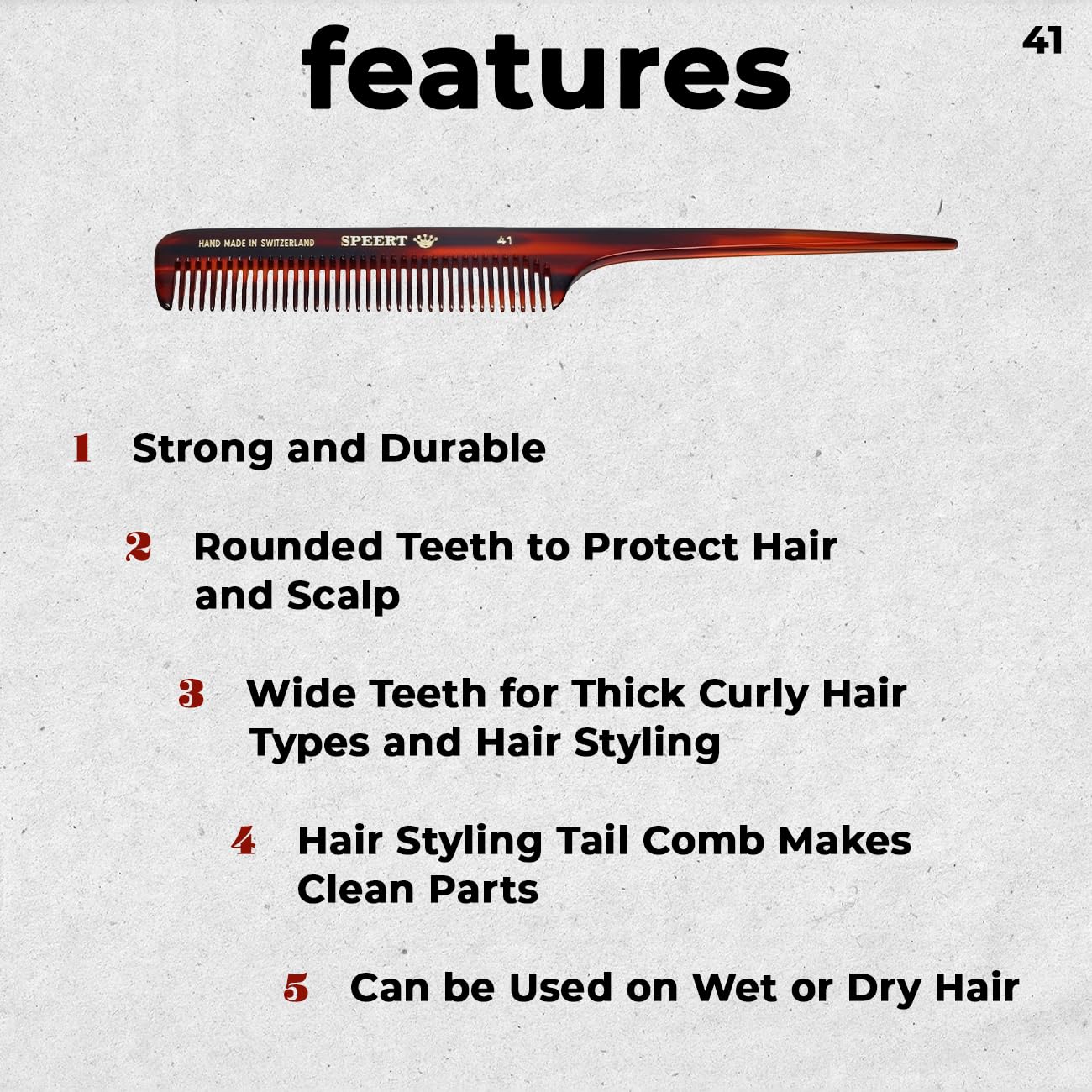 #41 Handmade Wide Tooth Rat Tail Comb Tortoise Havana Acetate Thick Coarse Curly Detangling Parting Grooming Teasing Hair Styling Hairdresser Barber Hairdressing Wet Dry Pocket Women Men Kids