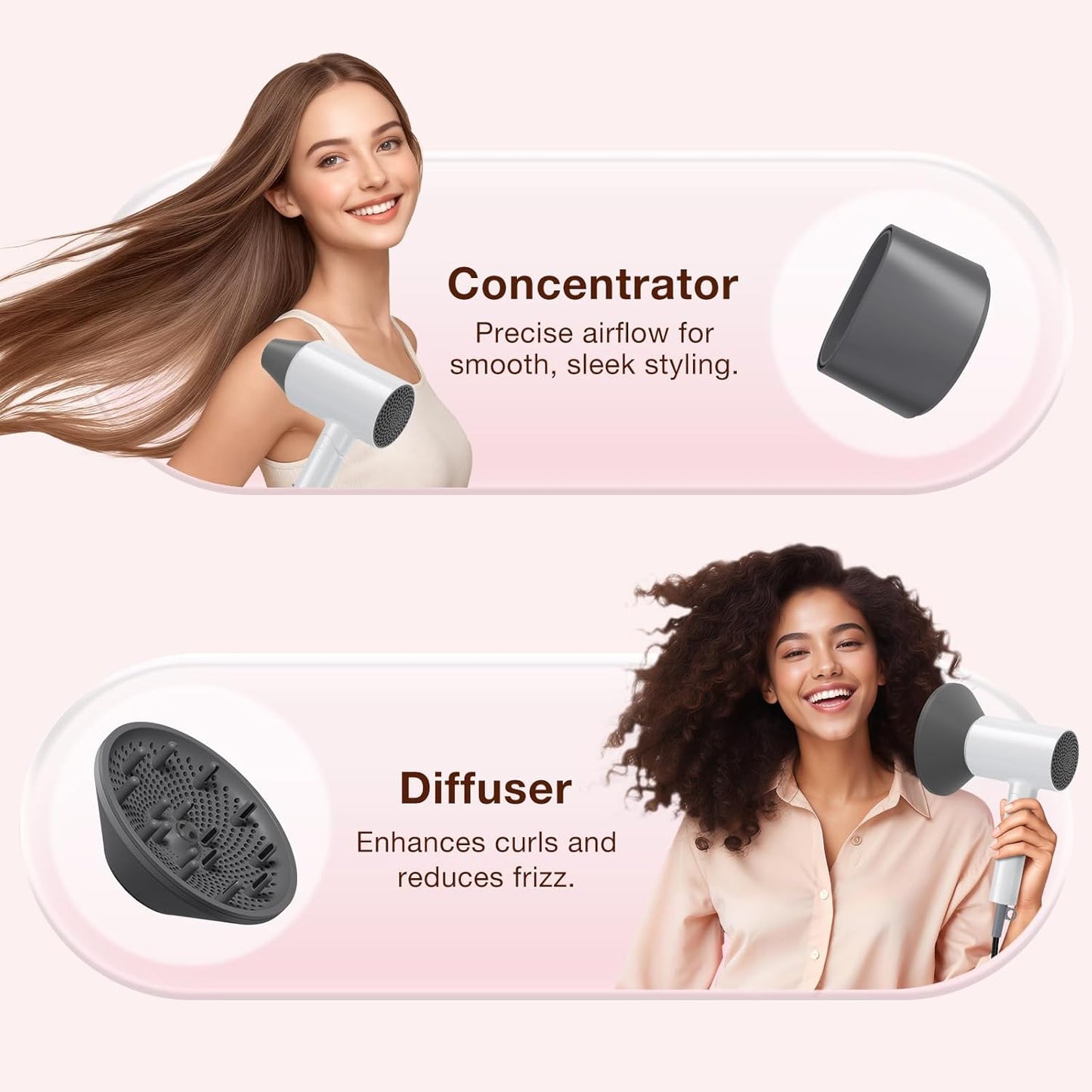 Blow Dryer with Diffuser, 1875W Fast-Drying, Foldable, Ionic Turbo Hair Dryer with Diffuser & Concentrator Nozzle, Compact, 3 Heat & 2 Speed Settings, 8FT Cord for Home Salon, White