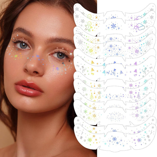 HyperFun 12Pcs Christmas Face Glitter Freckles, Glitter Freckles Face Tattoo Sticker, Holographic Multichrome Waterproof Sparkle Freckles Makeup Patches for Women Rave Festival Accessories Party Prom
