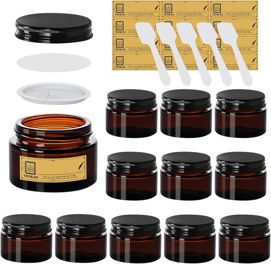 1.75 oz Glass Jars with Lids,Amber,12 Pack Empty Cosmetic Containers with Inner lids and Inner Liners,Black Metal Lids,Refillable Round Airtight Jars,Use to store Lotion,Powders,Candle Making