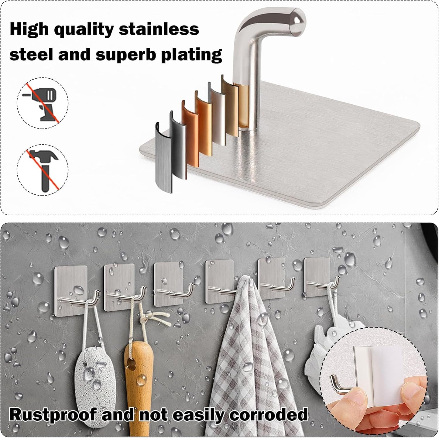 Livabber Adhesive Towel Hooks, 304 Stainless Steel Self Sticky Wall Hooks Waterproof Shower Hooks for Robe/Clothes, No Drilling Towel Hangers for Bathroom Kitchen Bedroom (Brushed Nickel, 10 Packs)