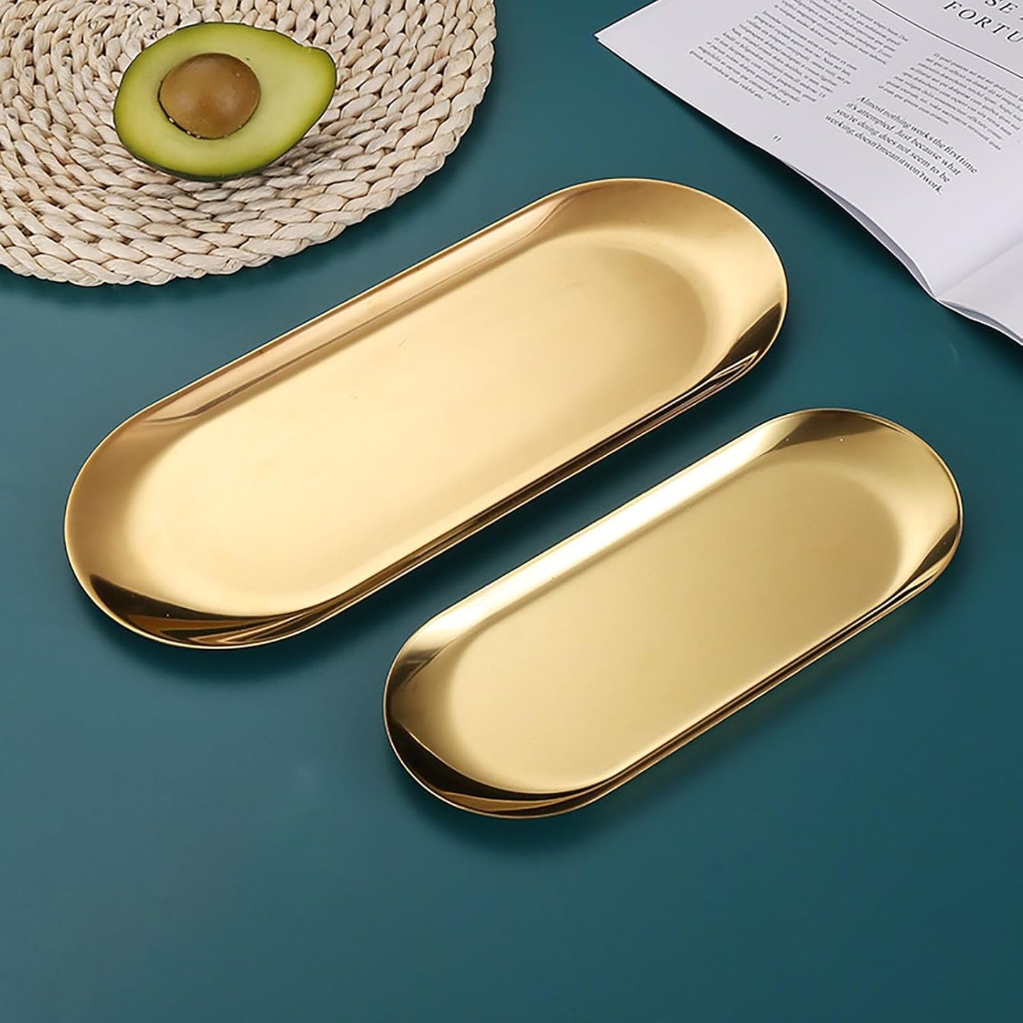 9 Inch x 3.8 Inch Trinket Tray Gold Oval Stainless Steel Small Serving Trays Towel Storage Plate Tea Fruit Trays Jewelry Plate Decorative Storage Tray (2 Gold, Medium)