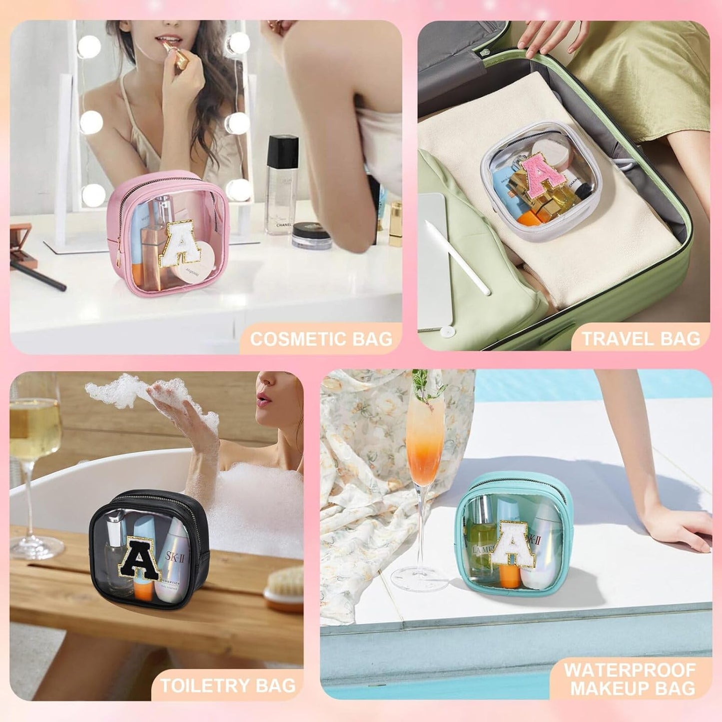 YOOLIFE Initial Makeup Bag Travel Toiletry Bag, Clear Makeup Bag Car Accessories For Women Clear Makeup Bags With Zipper Girlfriend Teacher 10 Year Old Girl Gifts Daughter Girl Gifts Mini Black T