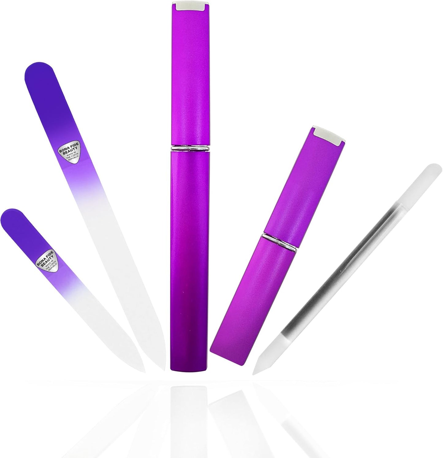 Bona Fide Beauty Glass Nail Files Kit in Purple- 3Pc Set Includes Glass Cuticle Pusher, Mini Travel Nail File, and Medium Glass File for Natural Nails