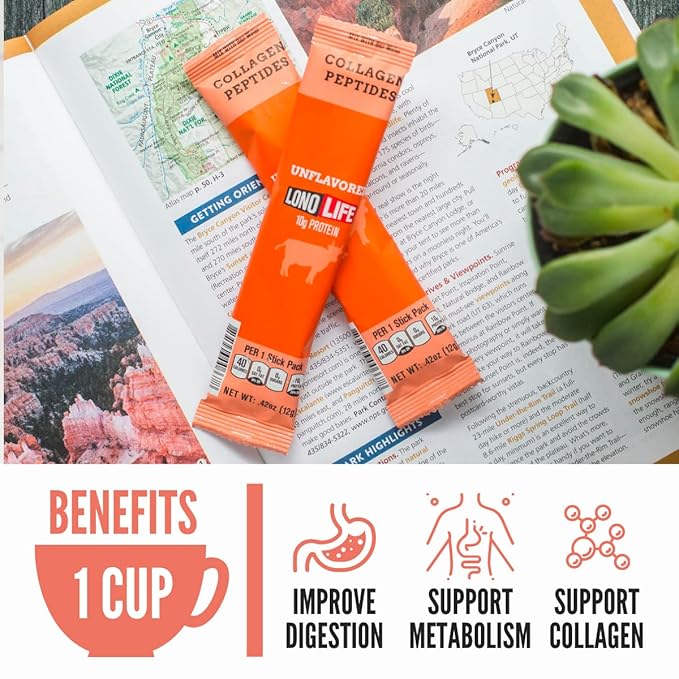 LonoLife - Unflavored Collagen Peptides with 10g Protein, Paleo and Keto Friendly, Portable Individual Packets, 10 Servings, 10 Count