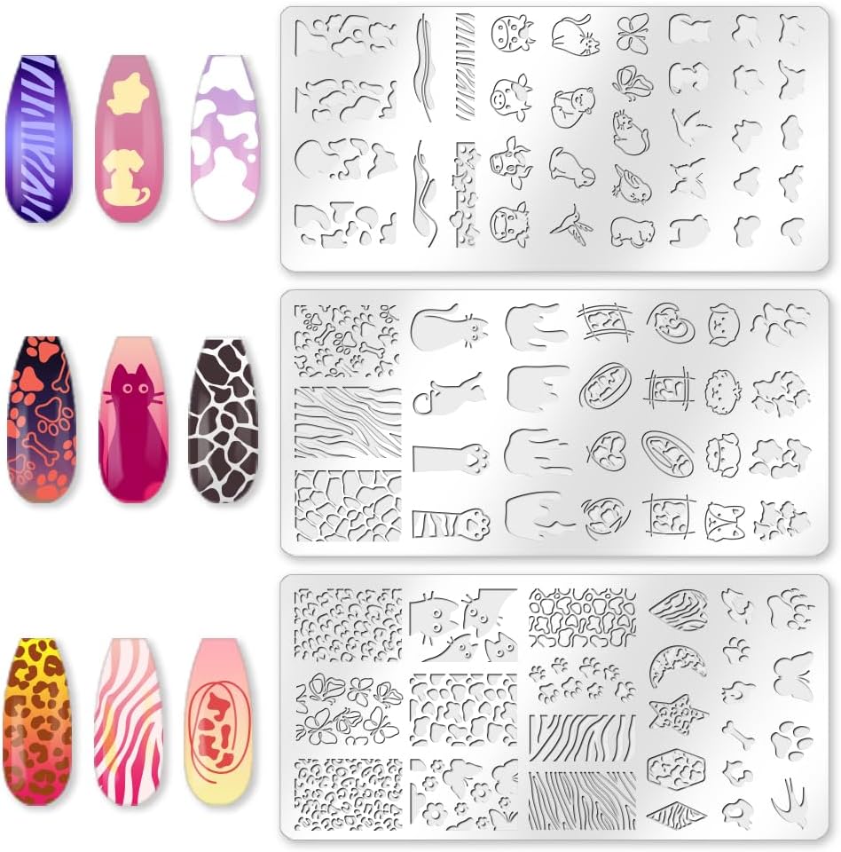 3Pcs Cute Animals Nail Stamping Plate Set Cat Puppy Butterfly Nail Stamp Templates Zebra Cow Texture Metal Reusable Tools with Stamper Scraper for Manicure Printing