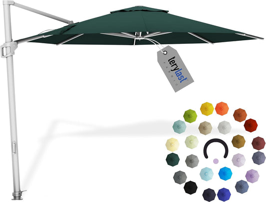Midtown Umbrellas 10 Ft Outdoor Cantilever Patio Umbrella w/Terylast Forrest Dark Green Fabric - 360° Offset Patio Umbrella, Deck Patio Umbrella, Backyard Umbrella & Garden Umbrella - Silver Frame