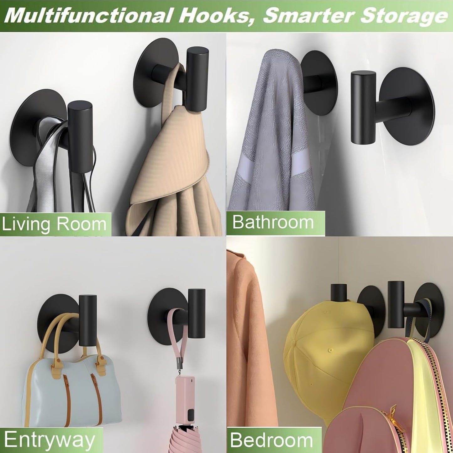 Self-Adhesive Coat Hooks, Stainless Steel Heavy Duty Wall Hooks, Towel Hooks for Hanging Robes, Aprons, Coats and Hats in Bathrooms,Kitchens and Hotels(2 Pack, Black)