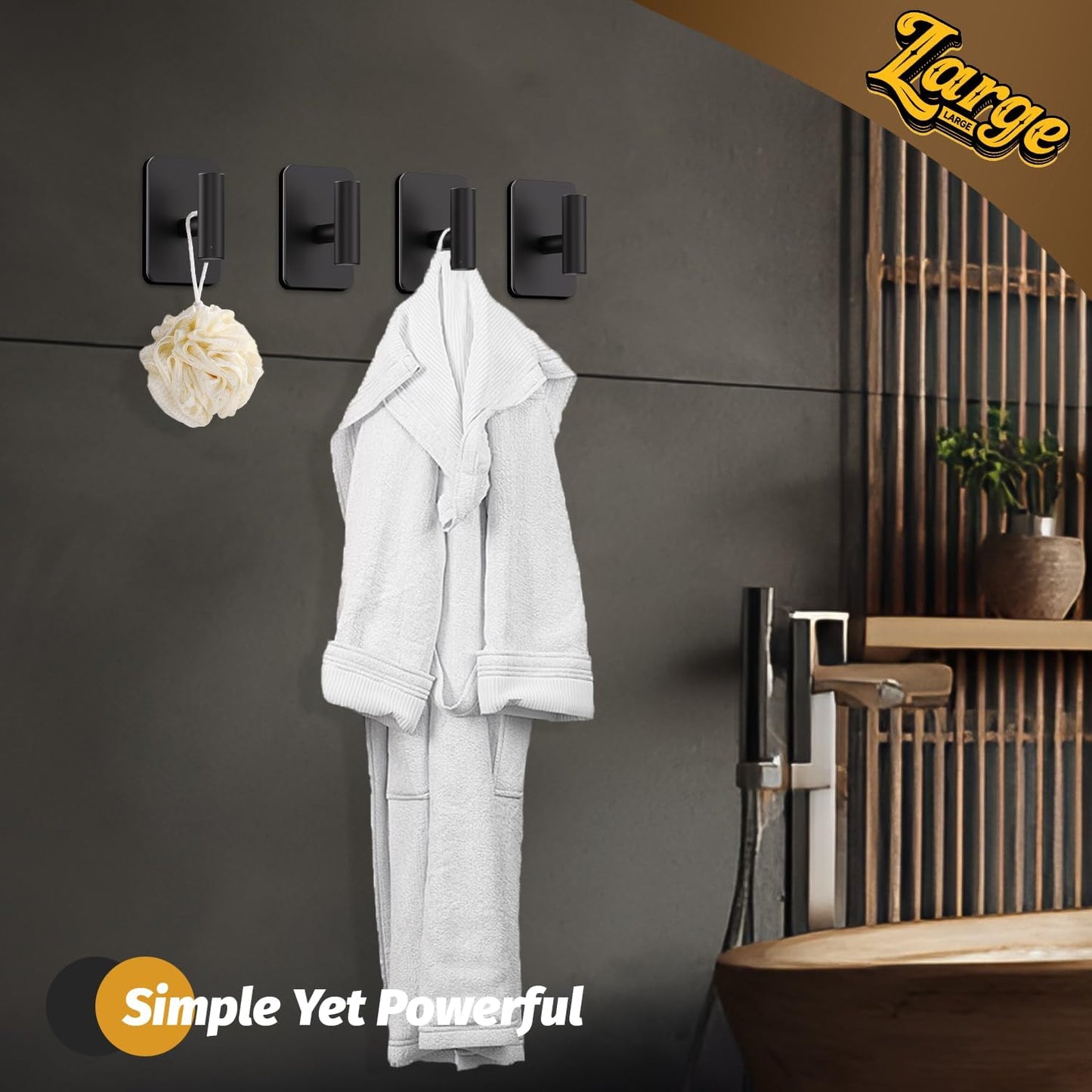 Heavy Duty Adhesive Hooks - 26lb Max, Sticky Wall Hooks Waterproof Stainless Steel for Hanging Towel, Coat, Robe, Towel Hooks Stick on Bathroom, Kitchen, Shower, Door (Black, 4 Pack)