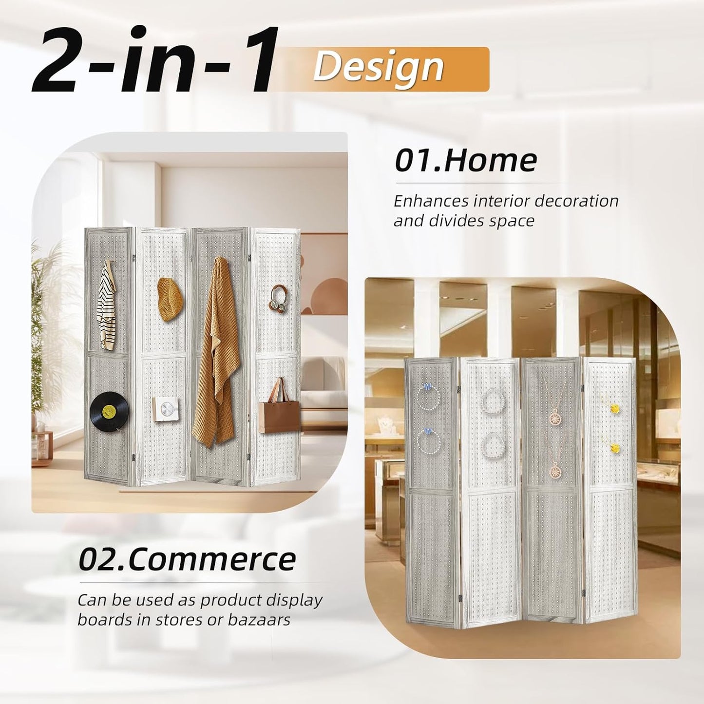 Room Divider, Room Partitions and Dividers, 4 Panel Room Divider Panel, Pegboard Display Board with 16 Hooks for Bedroom, Bazaar, Jewelry Display Stand, White