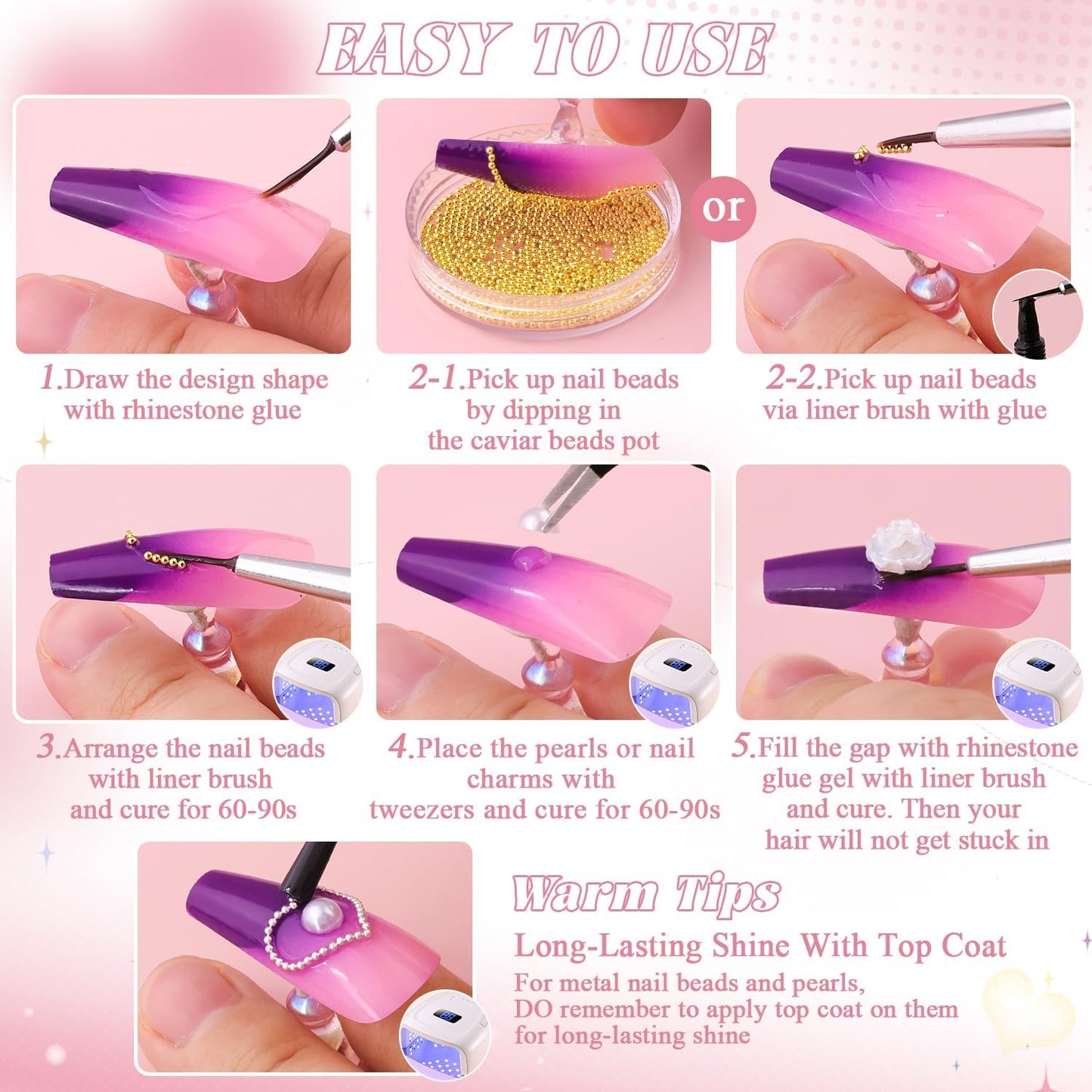 Metal Nail Beads (Silver+Gold), 3D Flowers With Rhinestones, Glue Gel for Art, Half Flatback Pearls (White), Blossom Pearl Charms and Round Caviar Beads for Manicure Decor