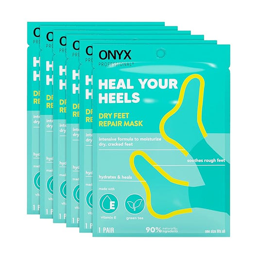 Onyx Professional Heal Your Heels Dry Feet Repair Mask, 6 Pairs - Made with Vitamin E and Green Tea, Moisturizes & Soothes Dry Rough Cracked Feet, Hydrates & Heals, One Size Fits All