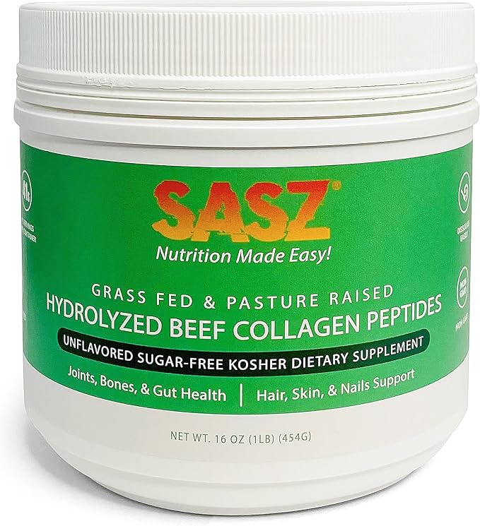 SASZ Hydrolyzed Bovine Collagen Peptides Powder 1lb Jar Clean Collagen Unflavored Grass-Fed Non-GMO Kosher Highly Soluble Protein