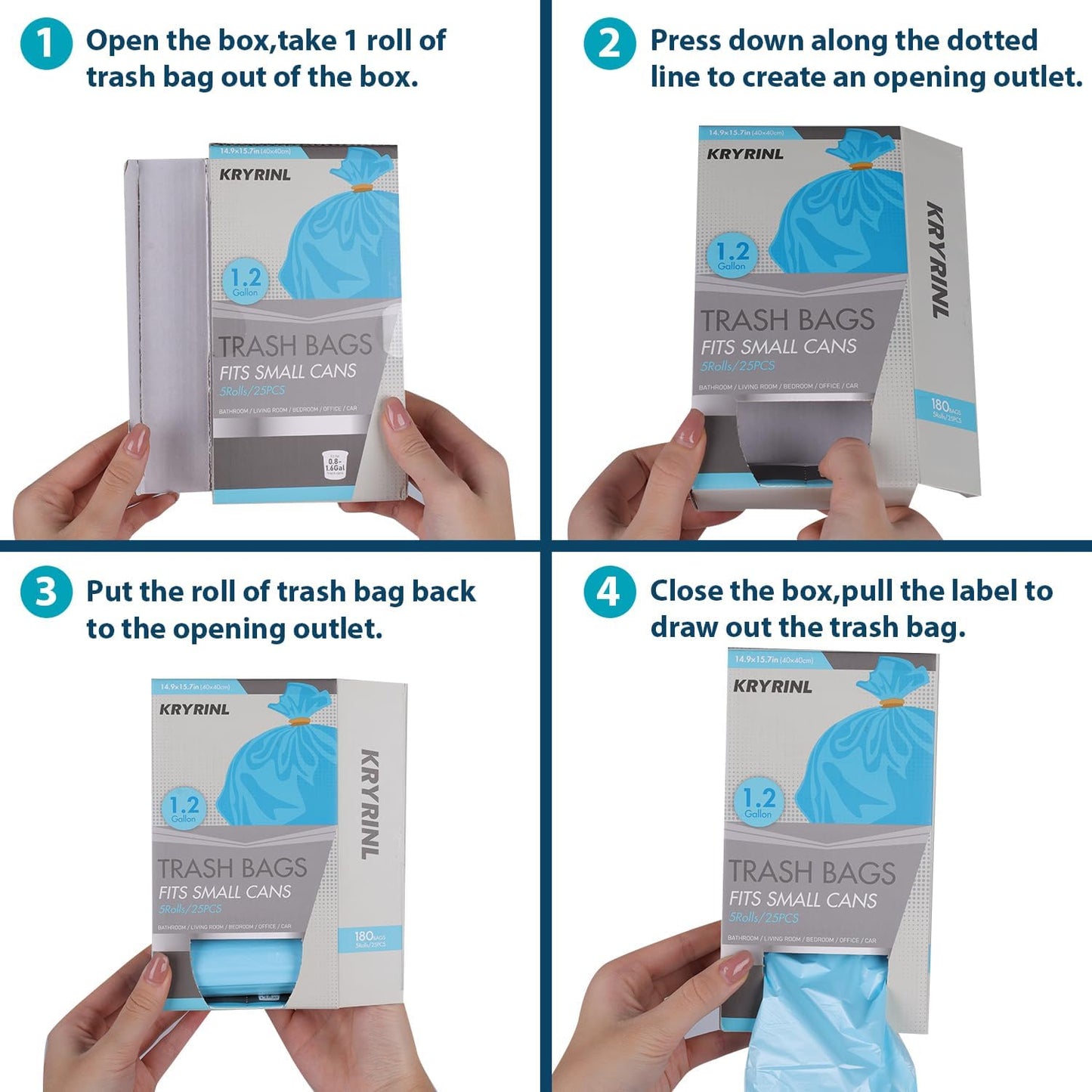 1.2 Gallon Flap-Tie Mini Trash Bags 125 Count Small, Leak Proof and Tear Resistant Garbage Bags for Bathroom, Kitchen, Office, Car, and Travel Durable Plastic Bin Liners, Blue