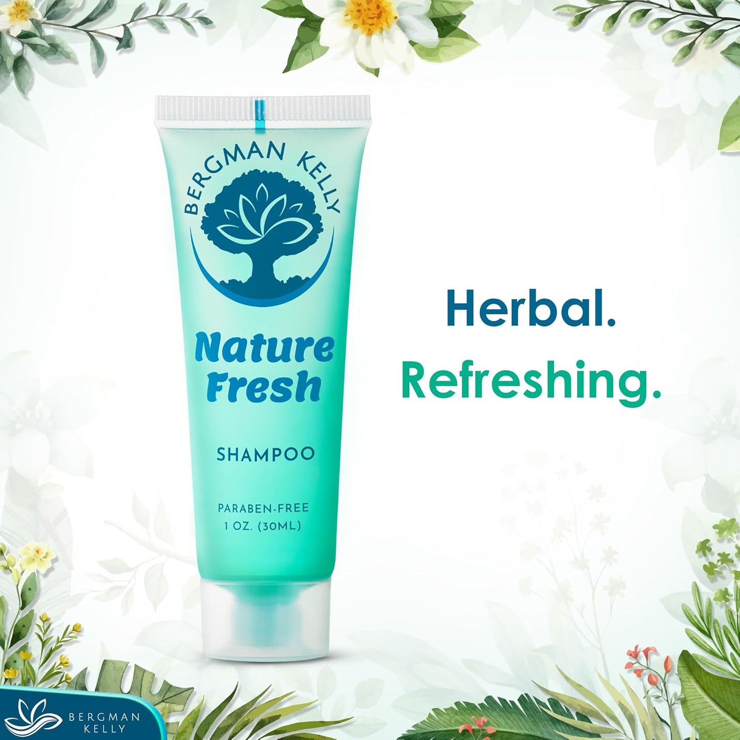 BERGMAN KELLY - Travel Size Hotel Shampoo - 1 fl oz, 100 PK, Nature Fresh - Delight Your Guests with Revitalizing & Refreshing Hair Cleanser for Guest Hospitality - Mini & Small Size Shampoo Bulk