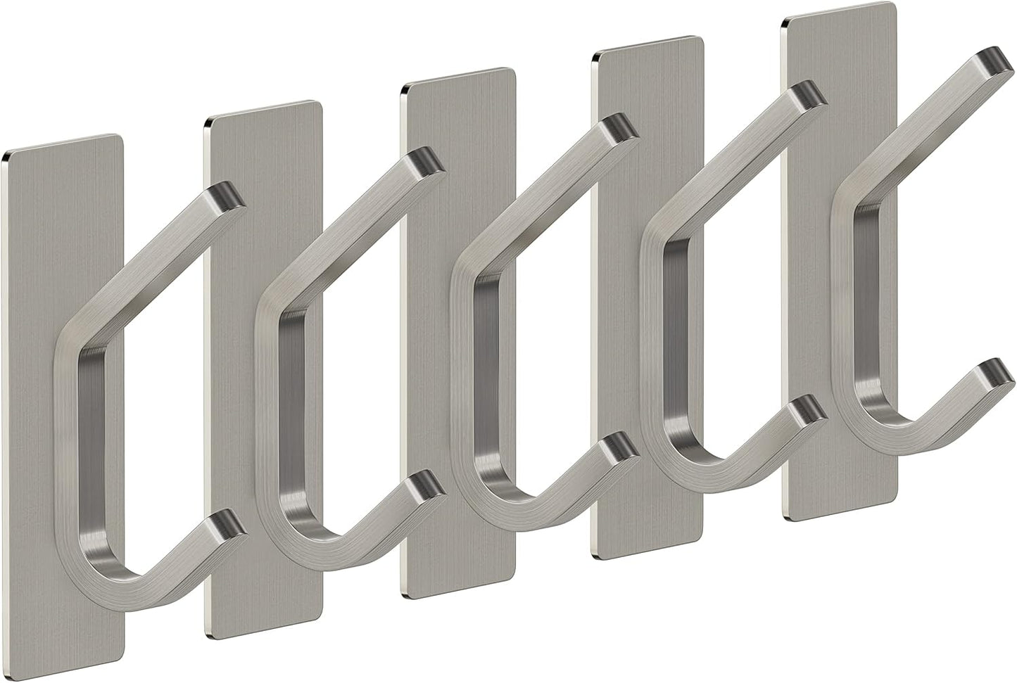 Brushed Nickel Self Adhesive Towel Hooks for Bathroom Wall Door Mounted - SUS304 Stainless Steel Strong Strips Stick on 3M Wall Hooks for Hanging Coat, Hat, Bag, Key, Jacket – 5 Pack
