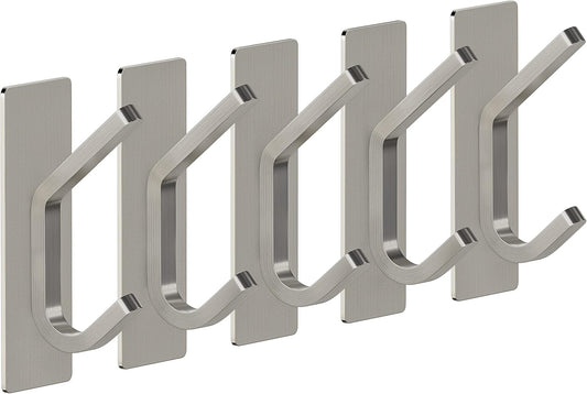Brushed Nickel Self Adhesive Towel Hooks for Bathroom Wall Door Mounted - SUS304 Stainless Steel Strong Strips Stick on 3M Wall Hooks for Hanging Coat, Hat, Bag, Key, Jacket – 5 Pack