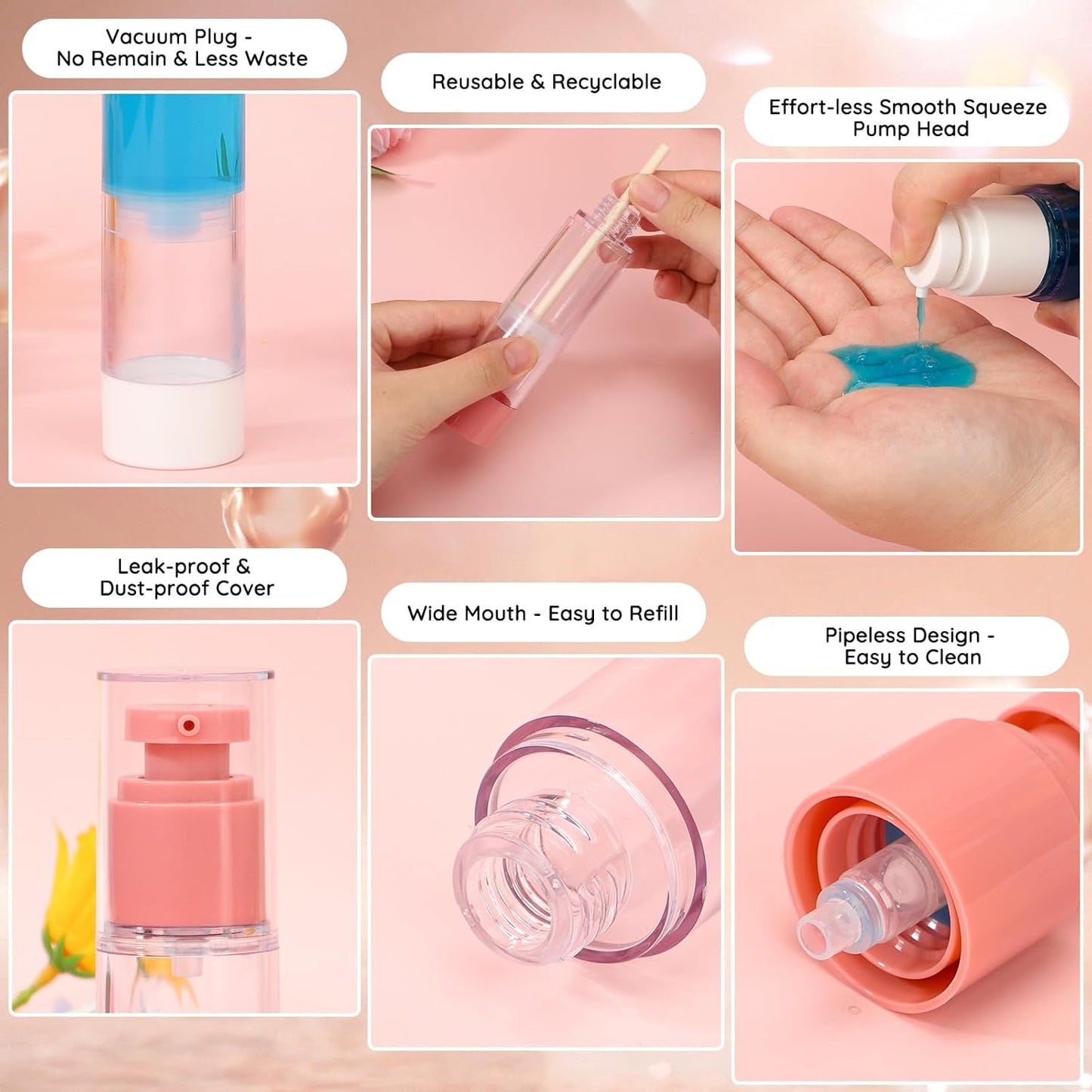 Segbeauty 1.7oz Empty Airless Travel Lotion Dispenser Bottles for Toiletries, 3pcs Refillable Small Travel Containers for Creams, 50ml Mini Pump Bottle Dispenser, Vacuum Skincare Cosmetic Containers