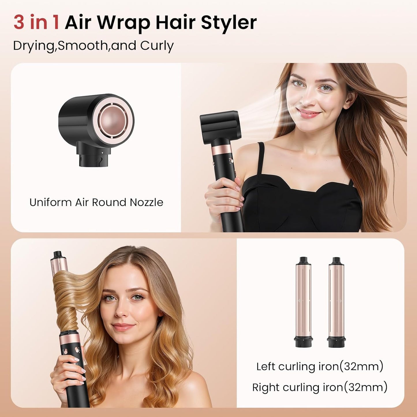 Dual Voltage 3 in 1 Hot Hair Styler – High-Speed Hair Dryer with Air Wrap for Women with Extra Long Barrel Air Styler, European Hair Tools Styling, Fast Drying and Quick Styling, Travel Case