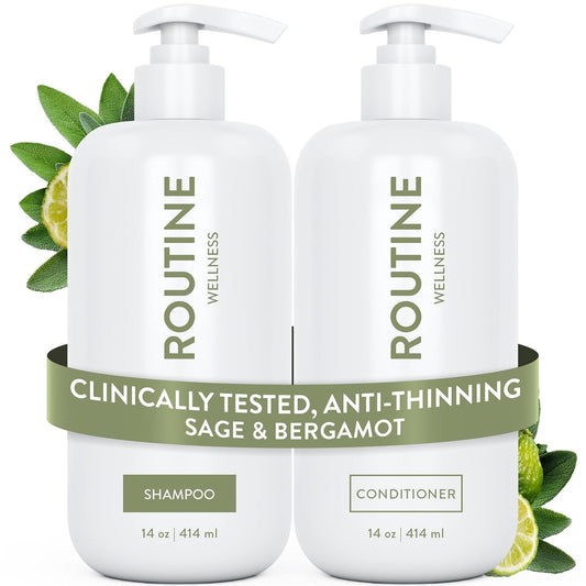 Routine Wellness Anti-Thinning Shampoo and Conditioner Set for Thinning Hair - Biotin DHT Blocker Women & Men - Color Safe Shampoo for Hair Loss & Healthier Hair - Sage & Bergamot (Pack of 2)