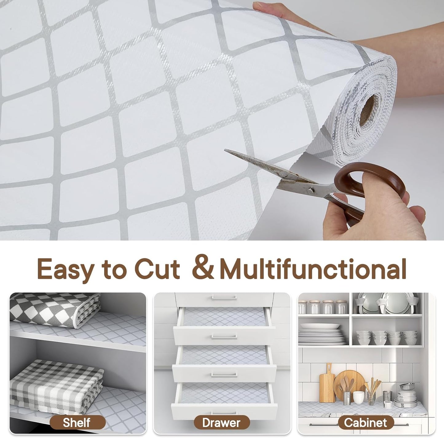 Shelf and Drawer Liner for Kitchen Cabinets Non-Adhesive, Strong Grip Non-Slip Thickened Cabinet Liners for Shelves, Waterproof Mats for Dresser Cupboard, Silver Stripe, 17 in x 10 Feet