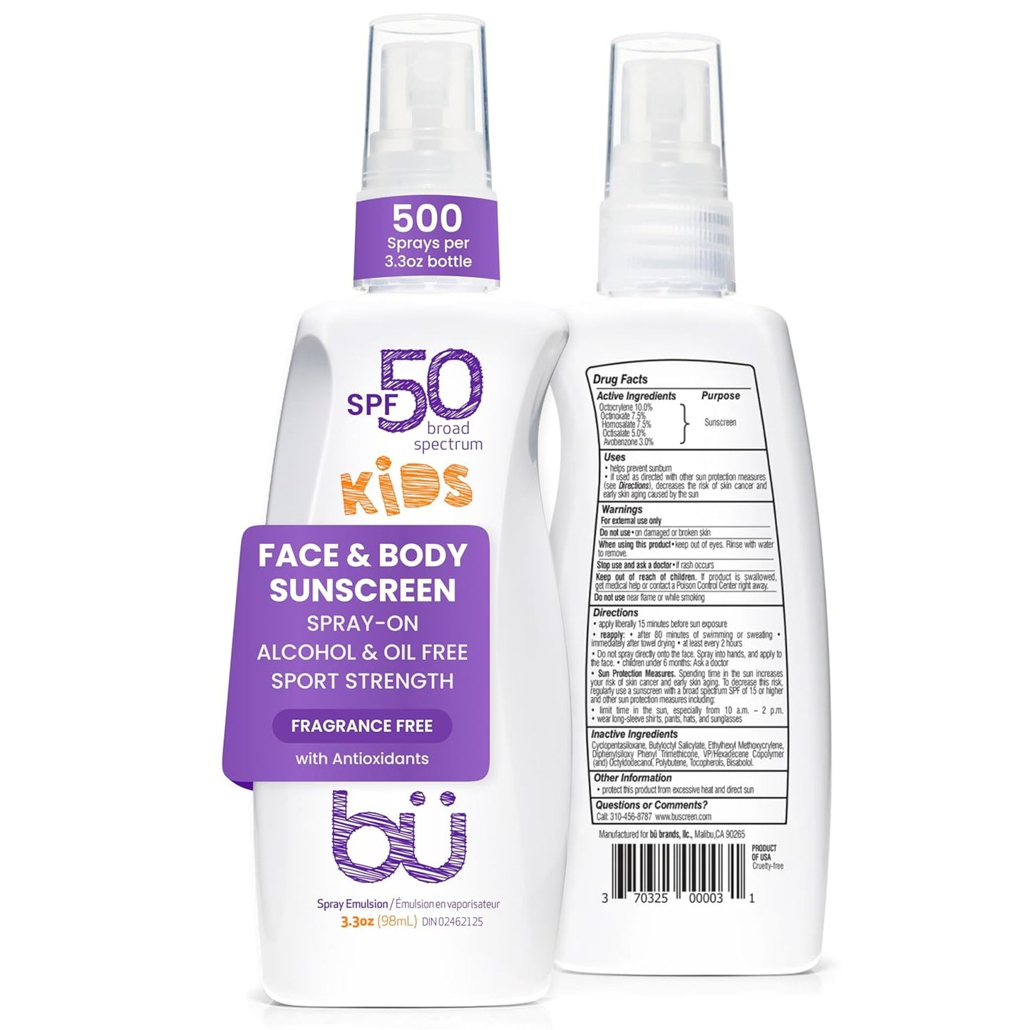 BU SPF 50 Kids Sunscreen Spray for Face and Body, Non Aerosol Spray, Fragrance Free, Clear, Non Greasy, Water Resistant, Fragrance Free 3.3 oz