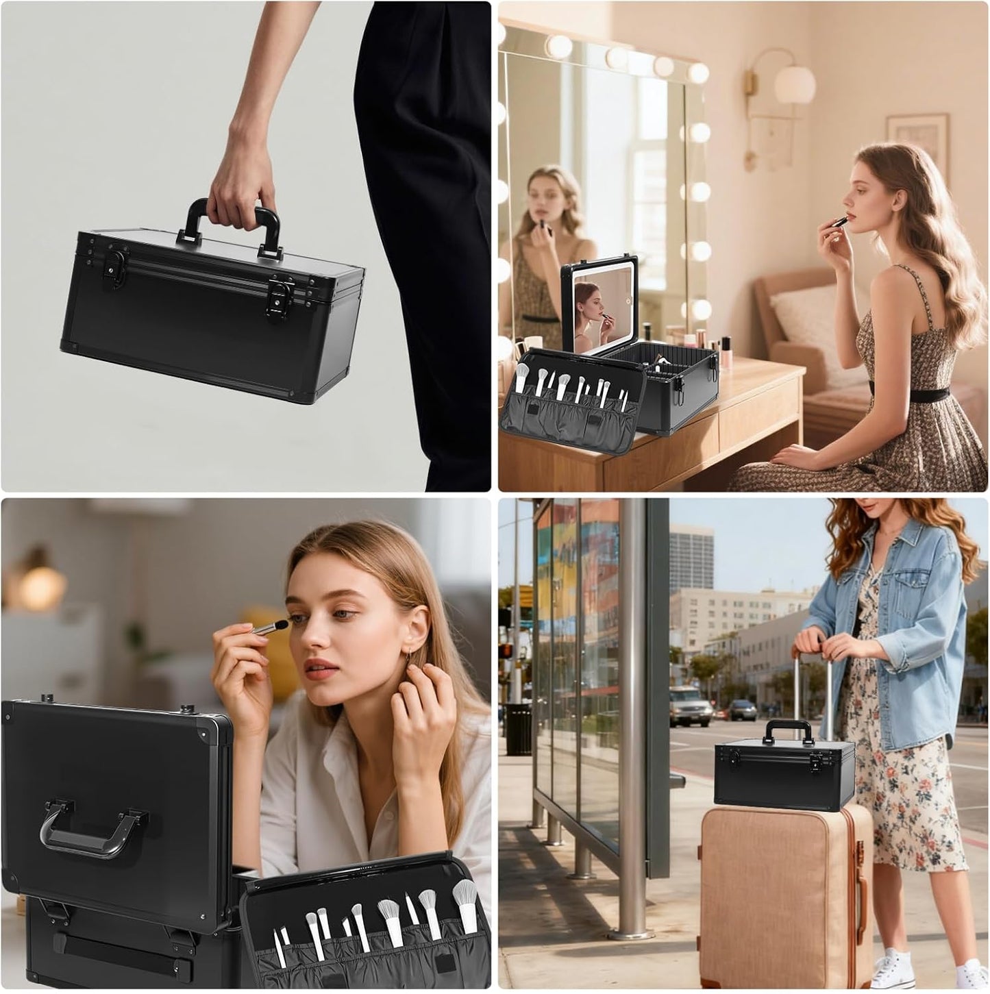 CHENGLIN Makeup Case with Lighted Mirror – Waterproof Travel Train Case, Cosmetic Organizer with Adjustable Dividers, Magnetic LED Mirror, Portable Makeup Suitcase for Women, Black