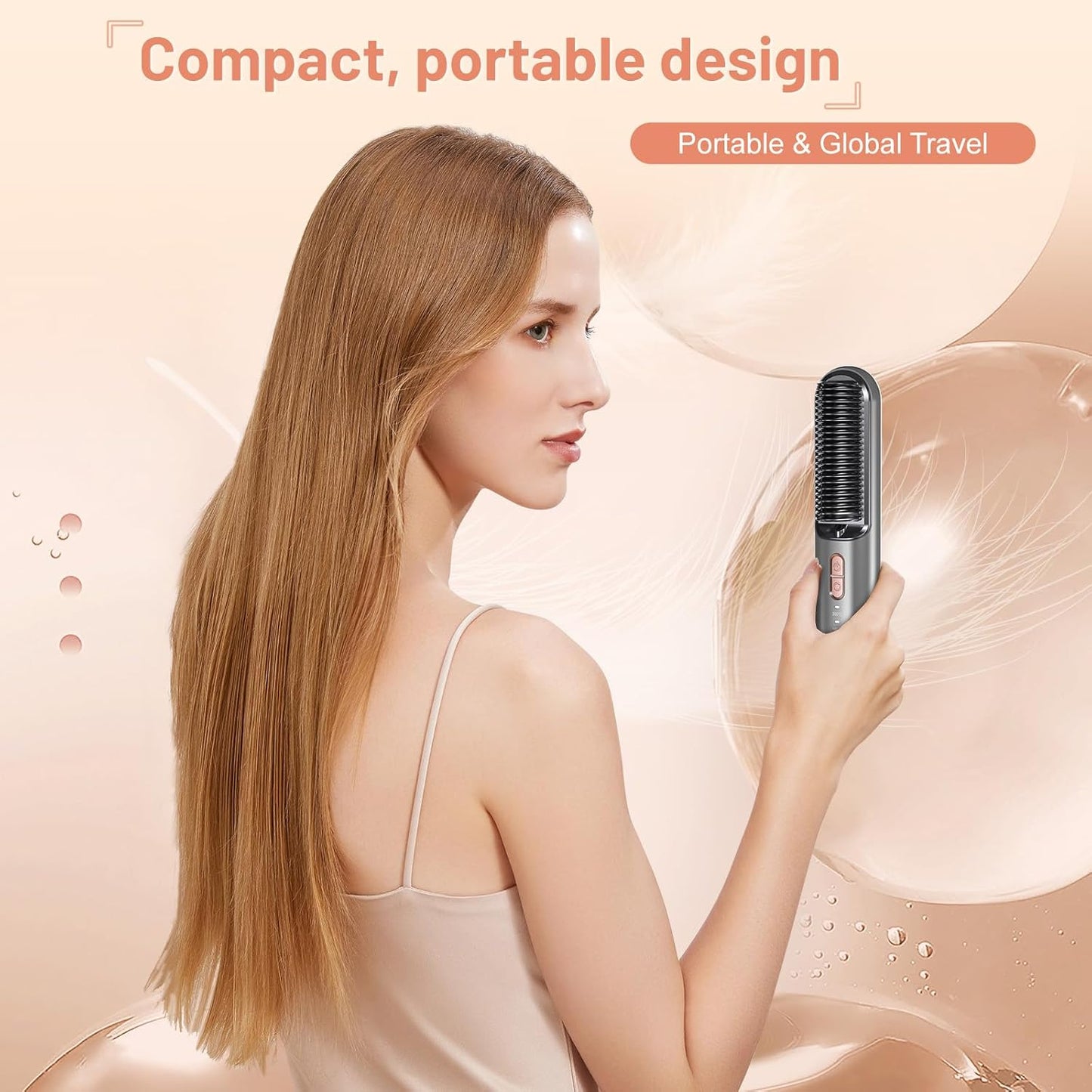 Cordless Hair Straightener Brush Portable Mini USB-C Hair Straightening Comb Anti-Scald Rechargeable Hot Hair Dryer Straightener Brush for Girls Women for Travel Styling