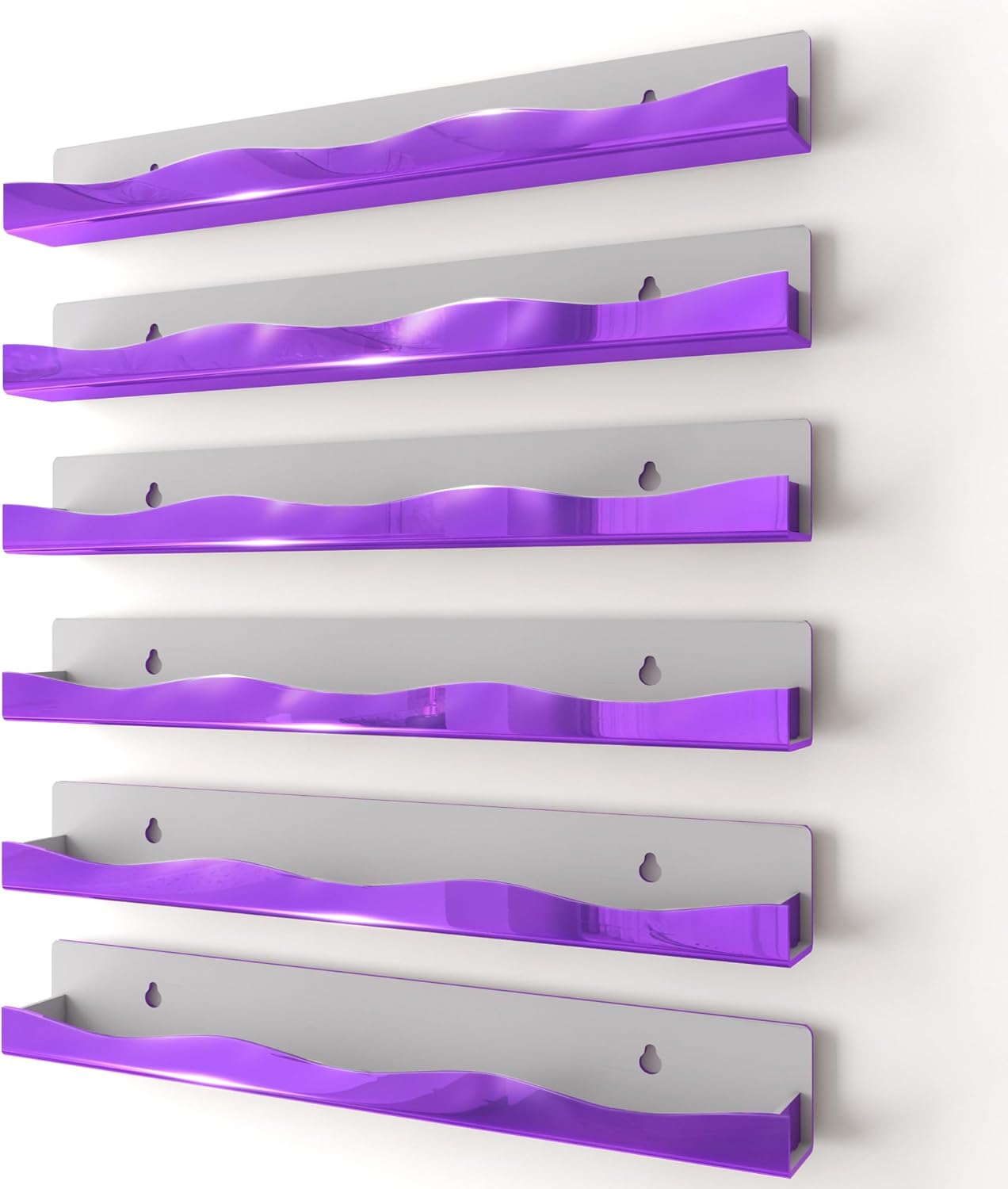 Wall-Mounted Nail Polish Organizer Rack - 15 Inch Purple Mirror Finish Nail Polish Shelf, Makeup & Beauty Essentials Storage - Multi-Purpose Display Holder for Small Space, Vanity Bathroom, 6 Pack
