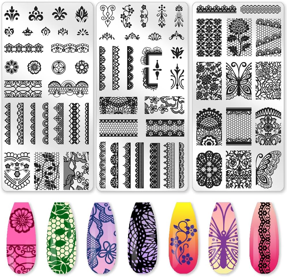 3Pcs Lace Trim Butterfly Nail Stamping Plate Set Butterfly Wings Rose Stainless Steel Nail Stamp Templates Clear Silicone Nails Stamping with Stamper Scraper for Manicure Printing