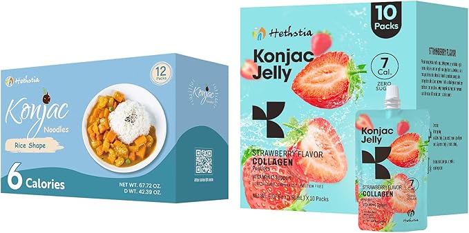Konjac Jelly Strawberry Flavor with Collagen Peptides 10 Packs and Konjac Rice Gluten Free 12 Packs Low Calorie, Keto, Sugar Free, Healthy Food