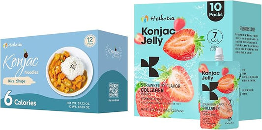 Konjac Jelly Strawberry Flavor with Collagen Peptides 10 Packs and Konjac Rice Gluten Free 12 Packs Low Calorie, Keto, Sugar Free, Healthy Food