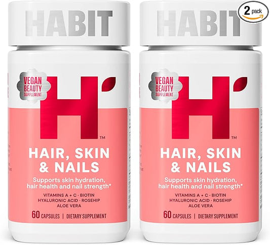 Habit Hair, Skin & Nails Supplement 2 Pack (120 Capsules) - New Look, Supports Skin Hydration, Hair & Nail Strength, Biotin 2000mcg, Vitamin A & C, Hyaluronic Acid, Rosehip, Vegan, Non-GMO