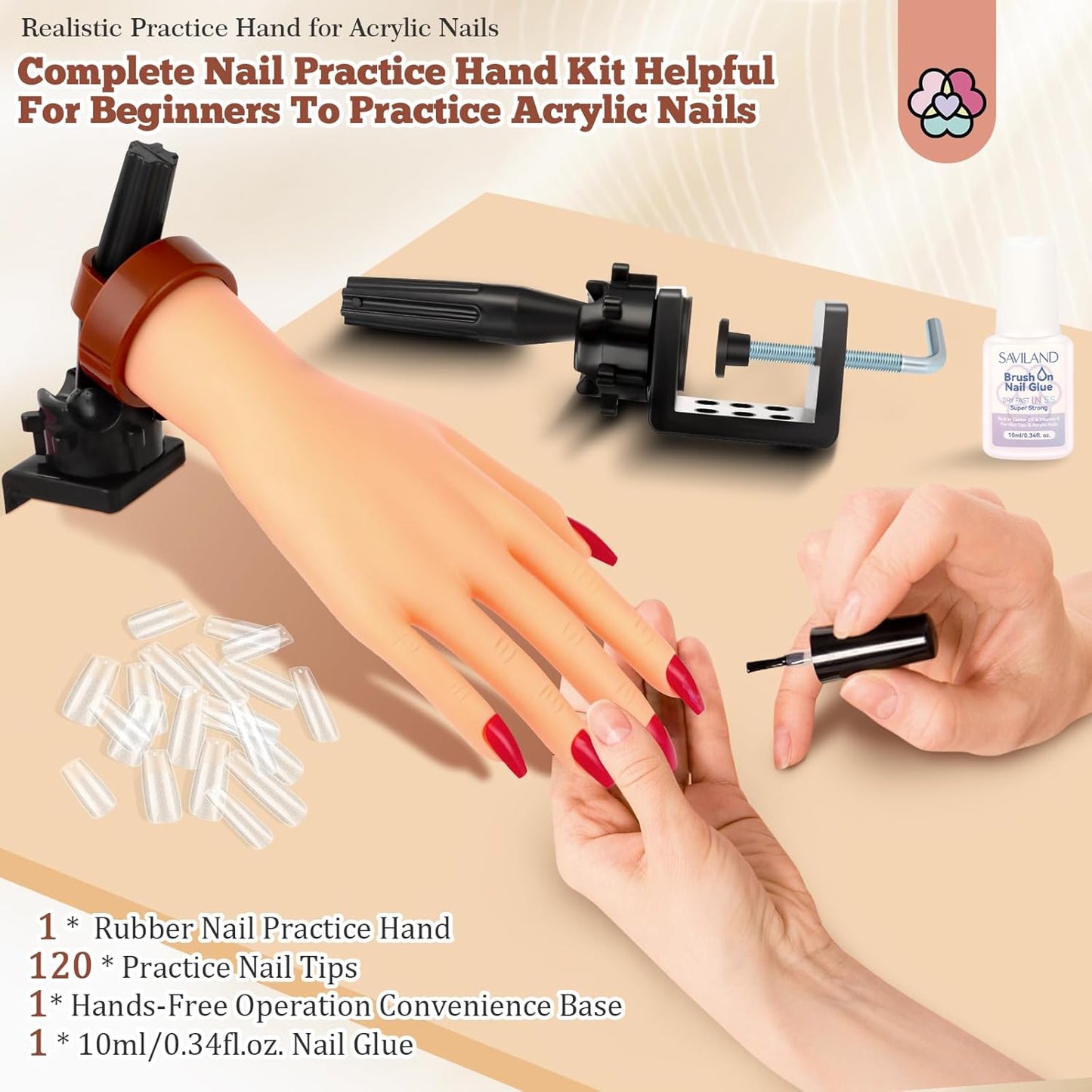 SAVILAND Practice Hand for Acrylic Nails: Flexible & Realistic Nail Practice Hand Mannequin Hand Silicone Nail Hand Practice with 120PCS Nail Tips Nail Glue for Beginners Manicure Training Home