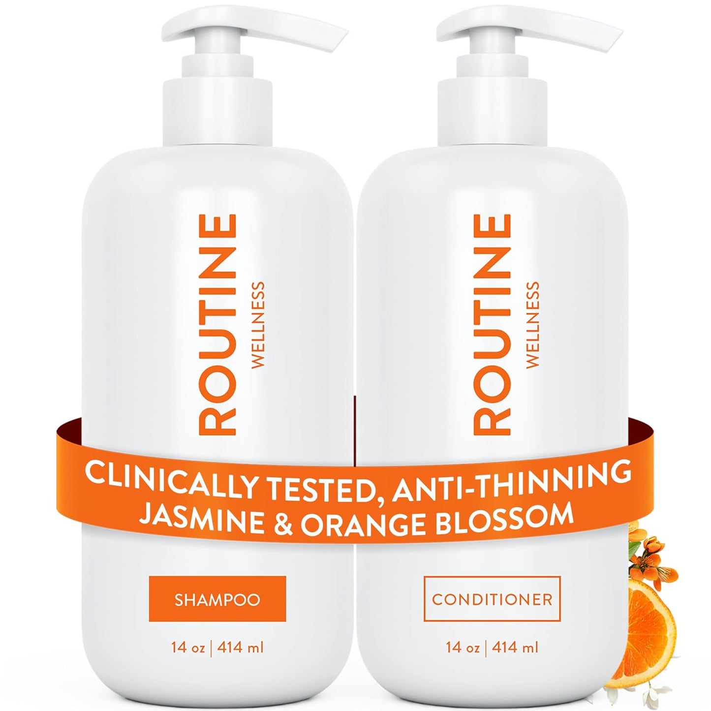 Routine Wellness Anti-Thinning Shampoo and Conditioner Set for Thinning Hair - Biotin DHT Blocker Women & Men - Color Safe Shampoo for Hair Loss & Healthier Hair - Jasmine & Orange Blossom (Pack of 2)
