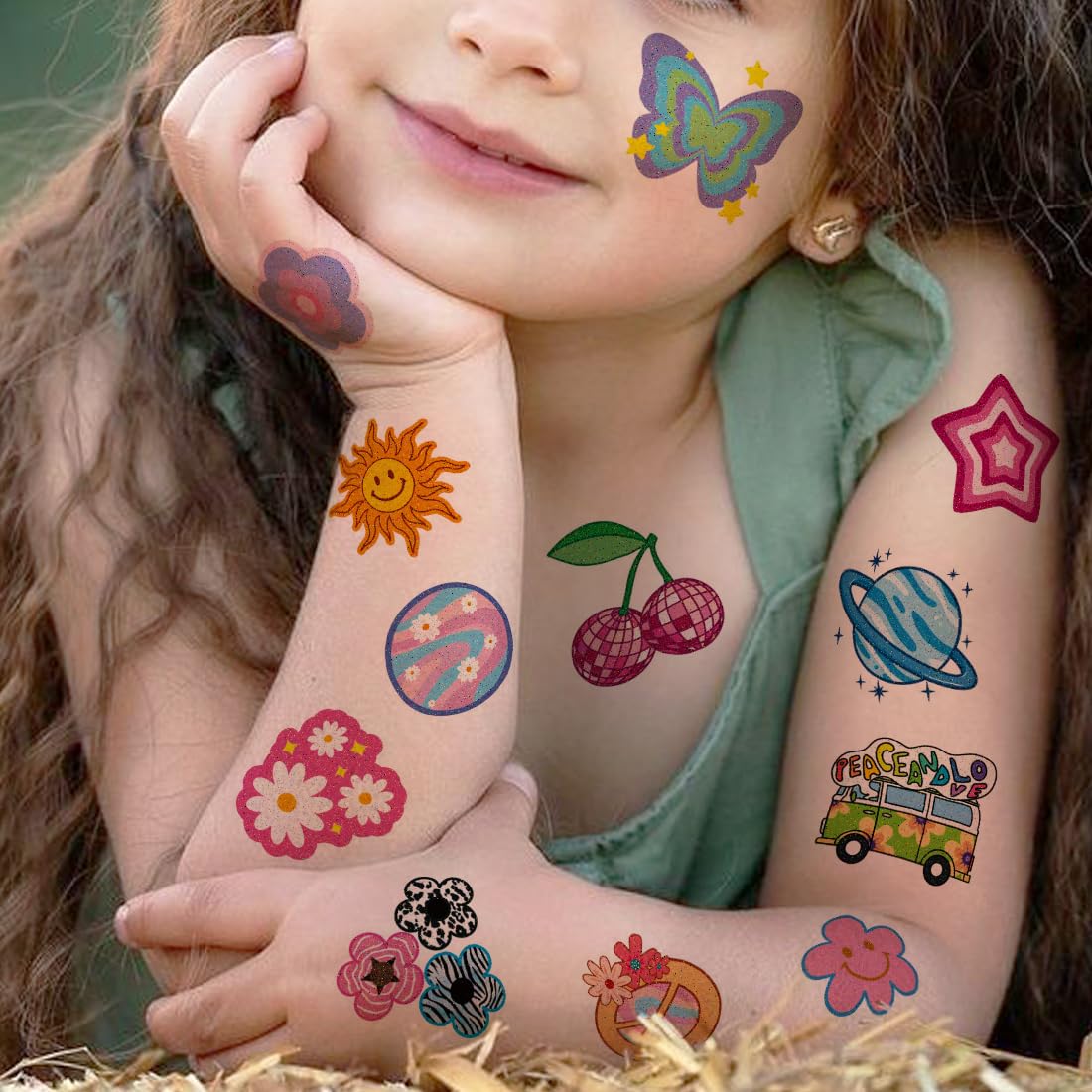 Glitter Groovy 70s Temporary Tattoos for Kids - 74 Individually Sheets Glitter Retro Flower Power, Smiley Decorations Tattoos Stickers for Boys Girls Party Supplies