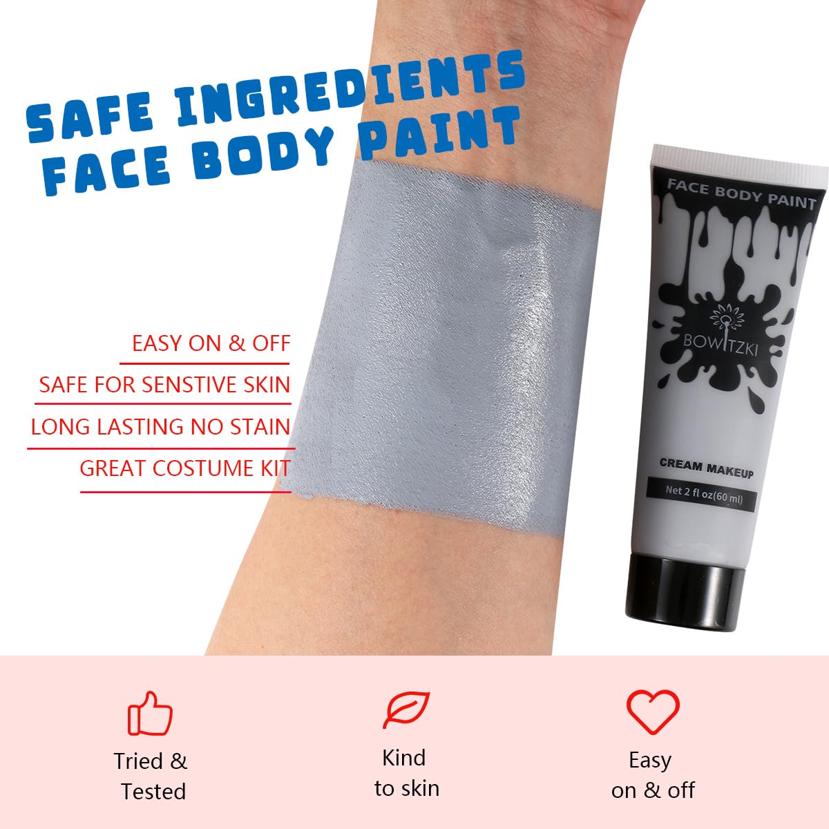 Bowitzki Face and Body Paint 2oz Cream Makeup 60ml Water Based Face Painting Special Effects For Adults Children Kids Halloween Christmas Party Stage Cosplay (Grey)