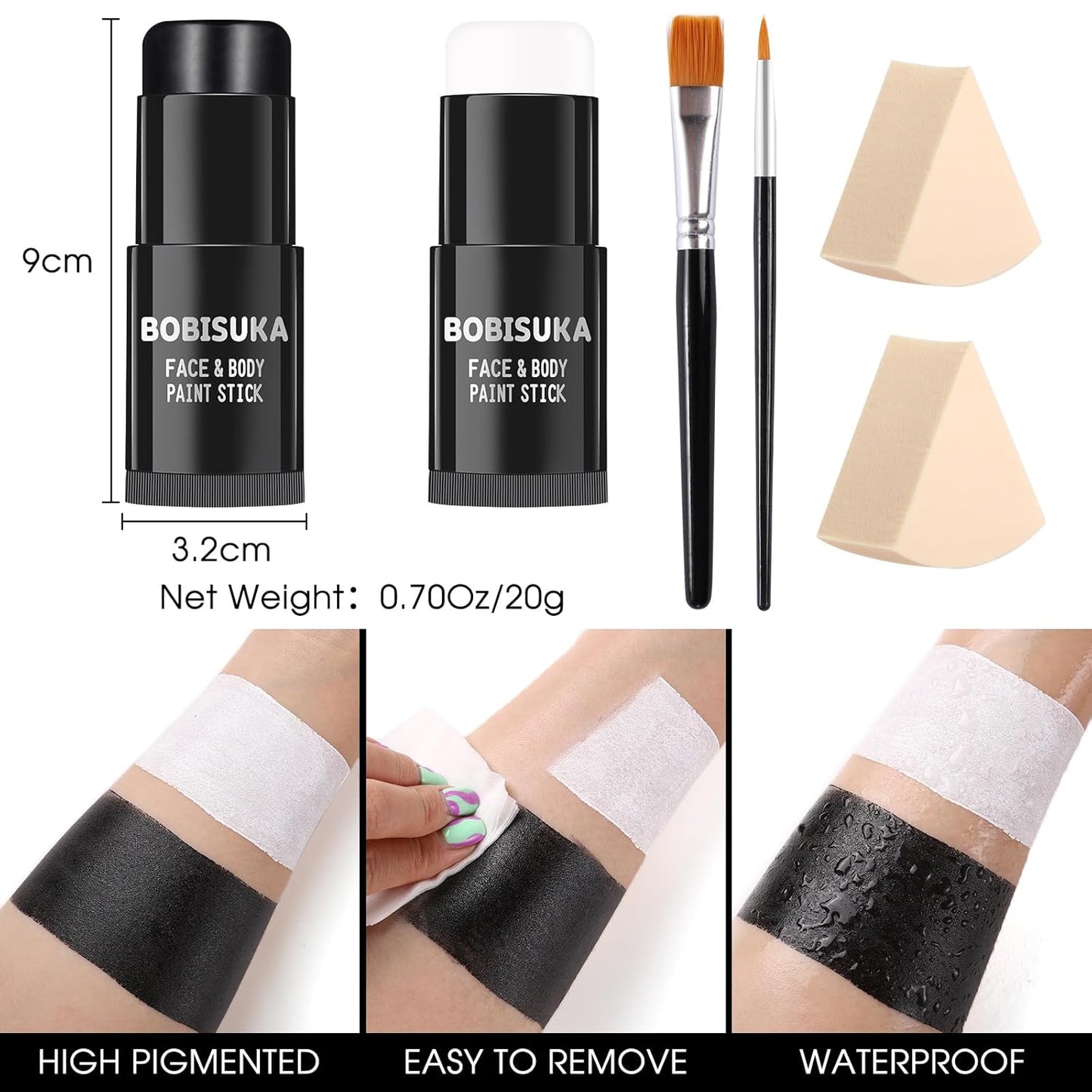 BOBISUKA Black & White Painting Kit - 2 Face Body Paint Sticks with 2 Paintbrushes & 2 Sponges Halloween Makeup Set for Clown Skeleton Skull Cosplay Special Effects Costume SFX , Eye Black for Sports